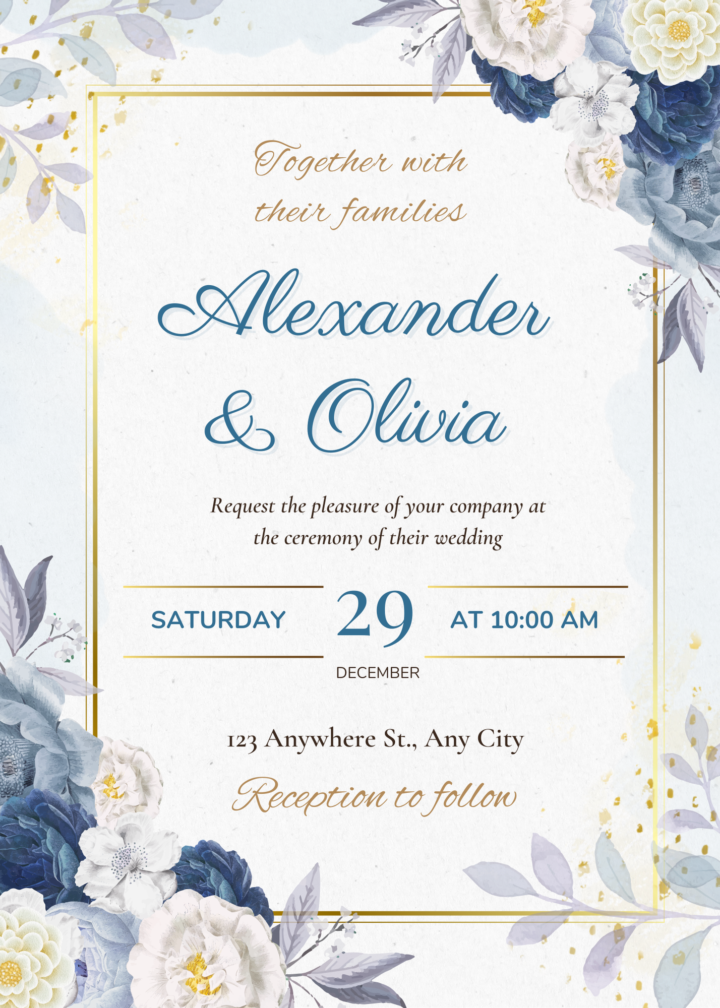 Blue and Gold Floral Wedding Invitation