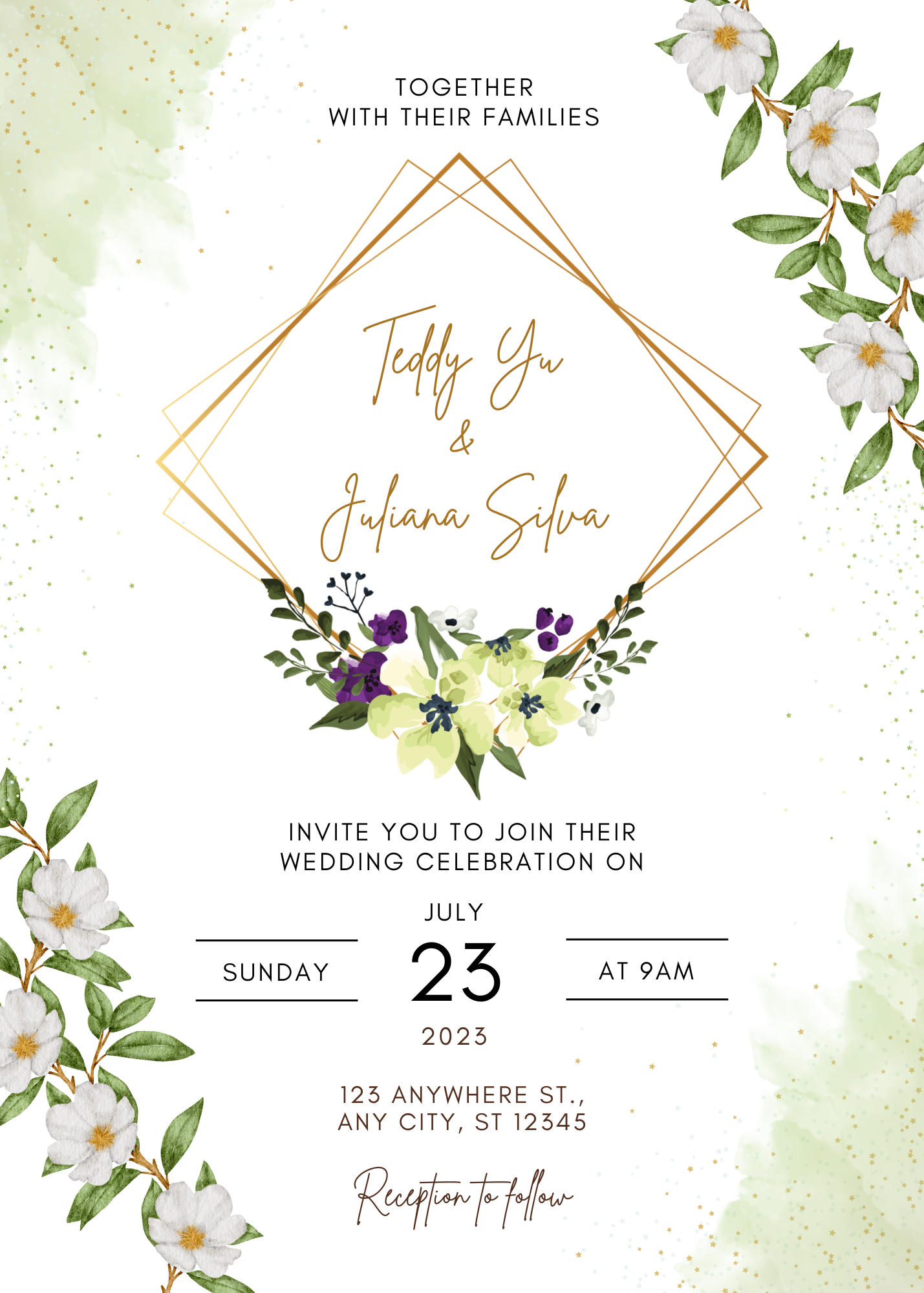 White Green Floral Watercolor Wedding Invitation